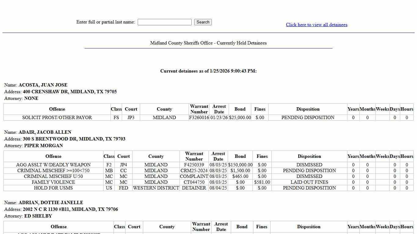 Midland County Sheriffs Office - Currently Held Detainees