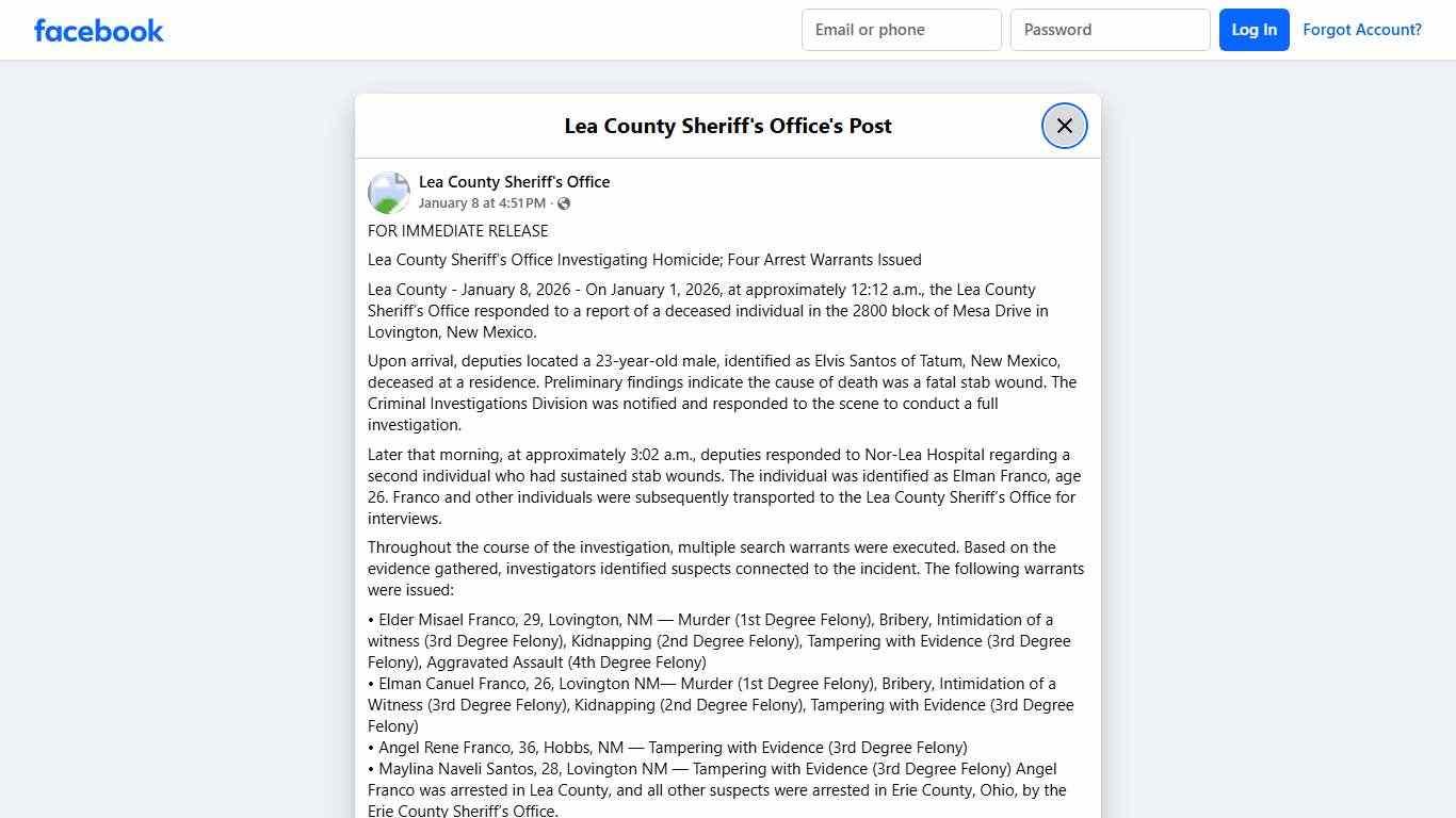 FOR IMMEDIATE RELEASE Lea... - Lea County Sheriff's Office Facebook